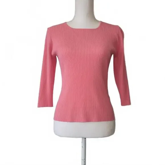 August Silk Vintage Ribbed Knit Womens 3/4 Sleeve Top Blouse Light Pink M - Picture 1 of 7